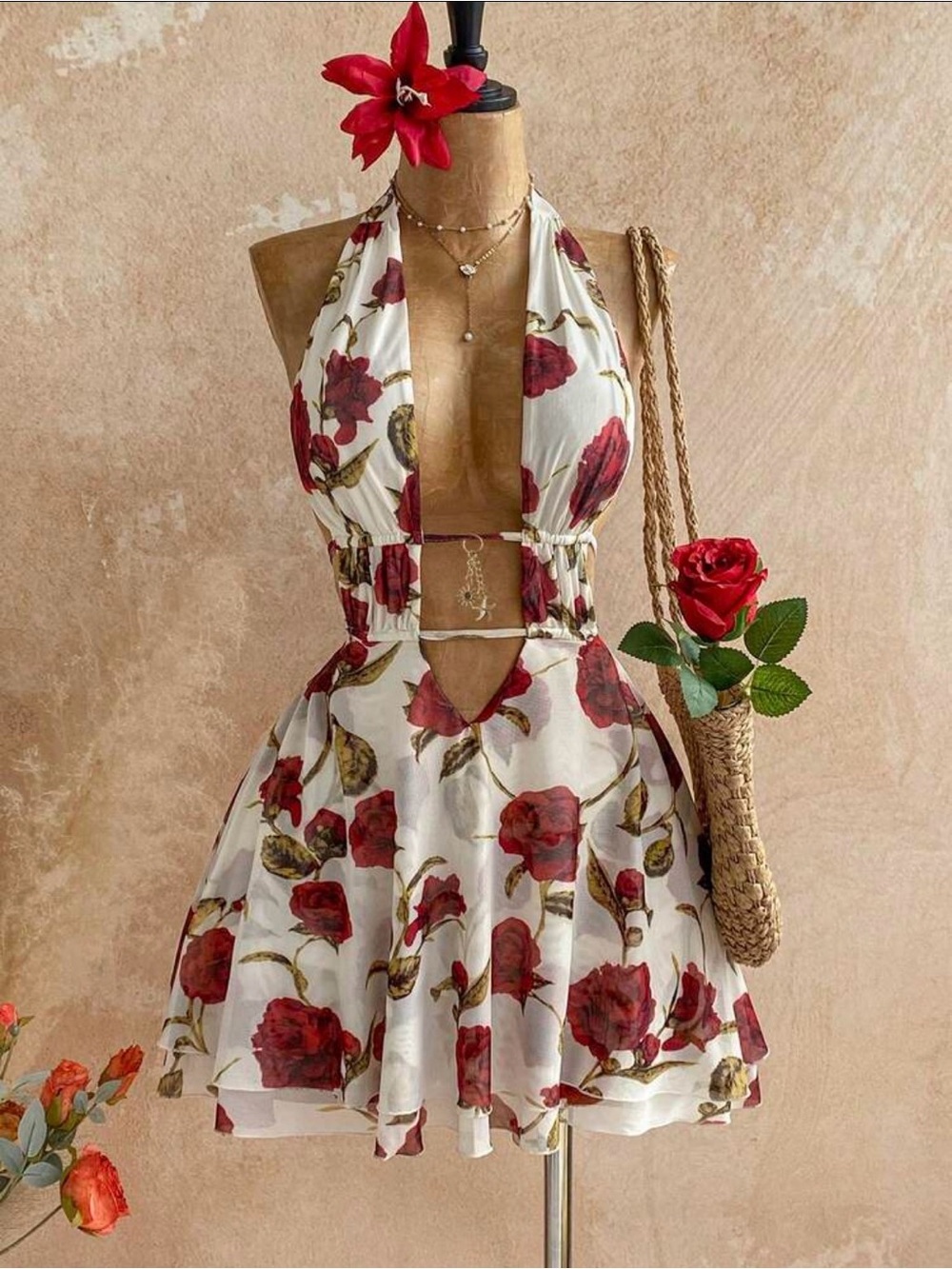 SHEIN White Halter Mini Dress with Red Rose Print